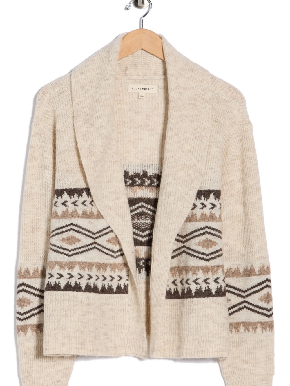 Lucky Brand Cream Southwestern Open Front Shawl Collar Cardigan L Aztec Western